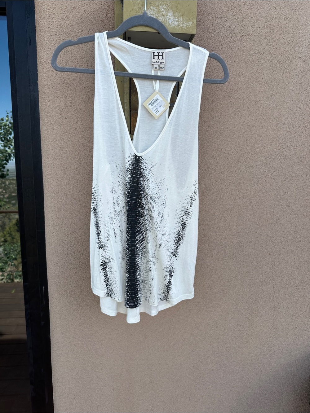 Haute Hippie White Racerback Tank with Black Snake-Print